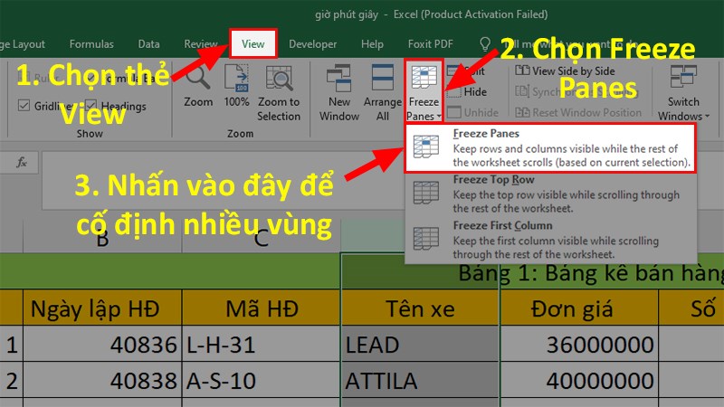 Chọn thẻ View  Nhấn chọn Freeze Panes  Chọn Freeze Panes để cố định nhiều cột trong Excel